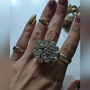 Gold Crystal Cluster Flower Ring Costume Stunning Swarovski Adjustable Cocktail